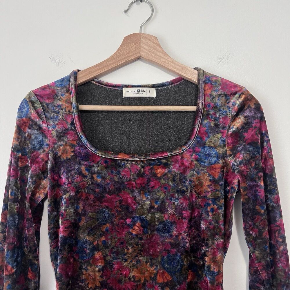 Natural Life Velvet Top Womens S Multicolor Floral Boho Whimsigoth Square Neck - Picture 3 of 6